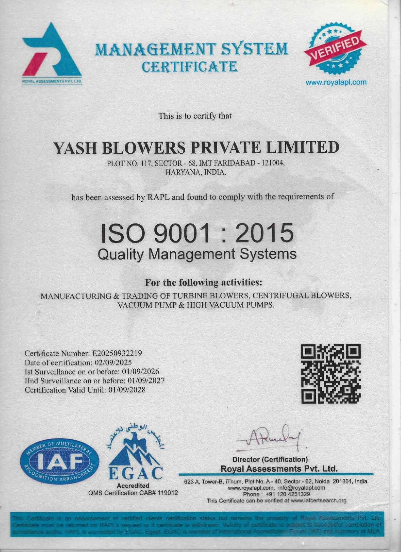 ISO 9001:2015 certificate issued to Yash Blowers Private Limited