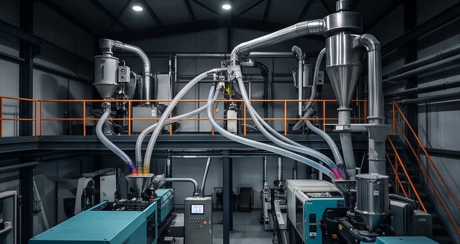 Pneumatic vacuum conveying line in a plastics plant