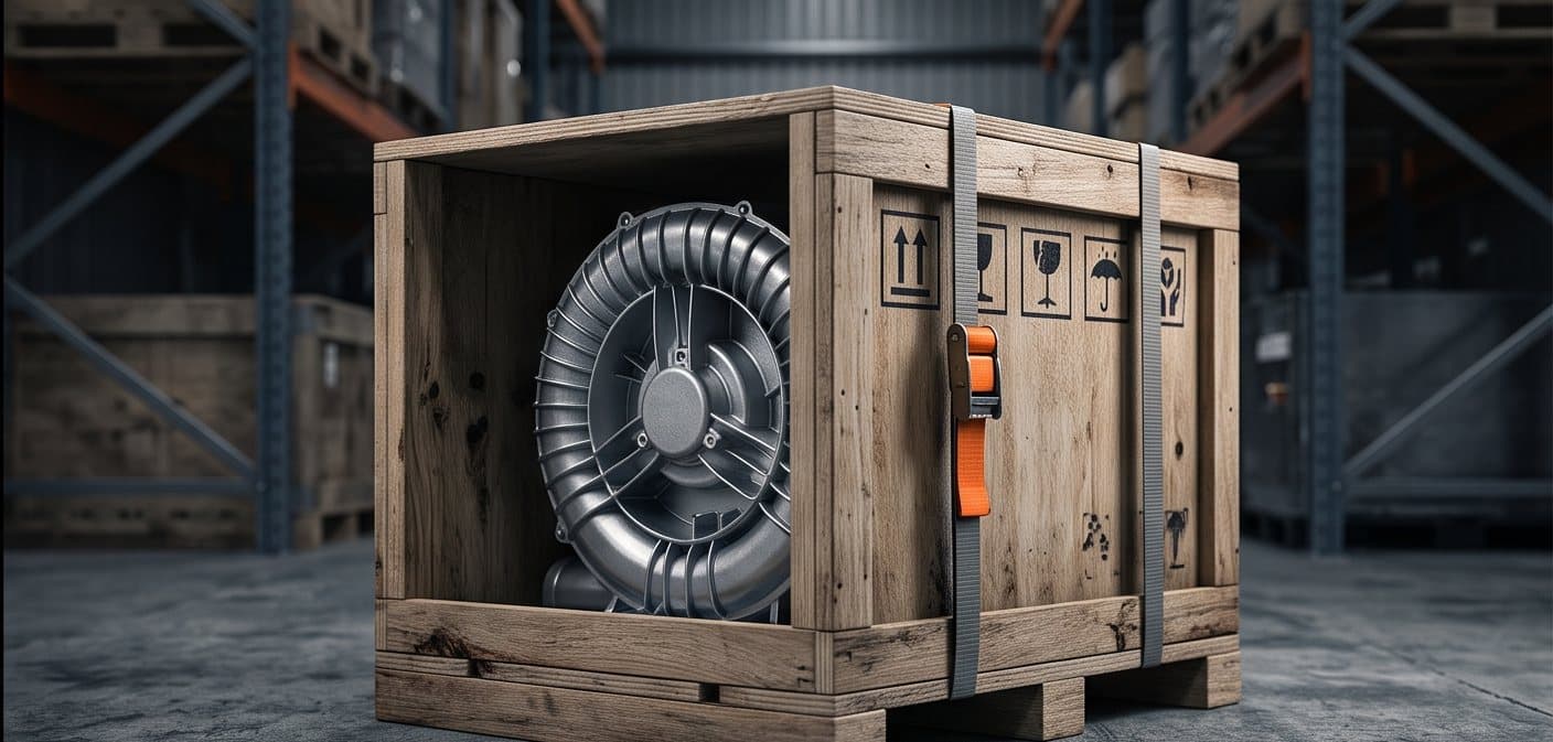 Representative heat-treated timber crates holding industrial machinery for sea freight