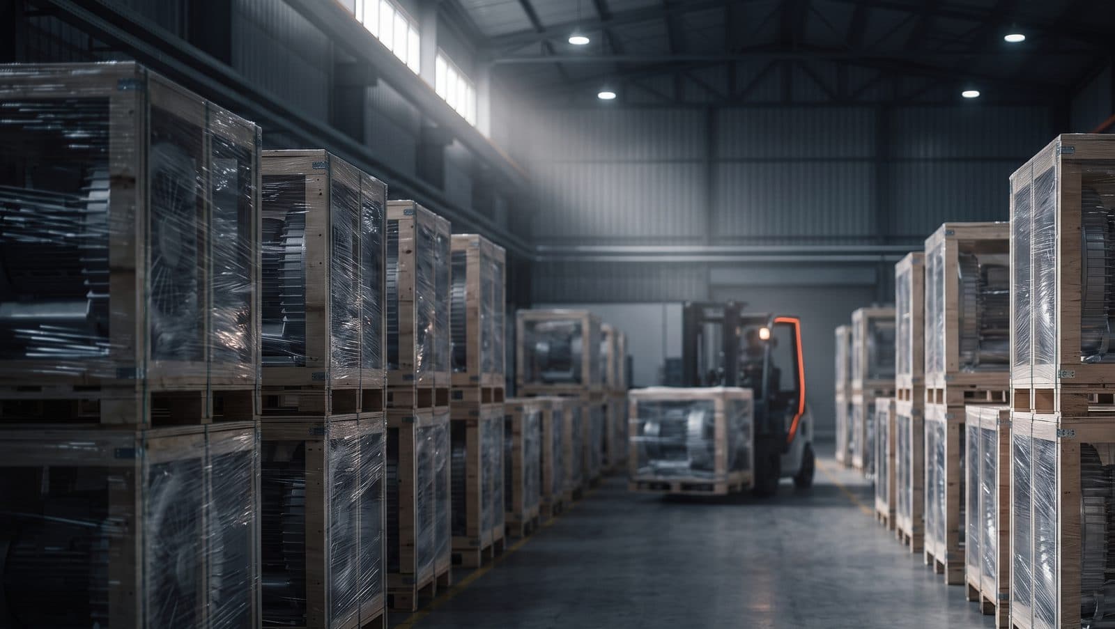 Representative view of crated blowers ready for export dispatch