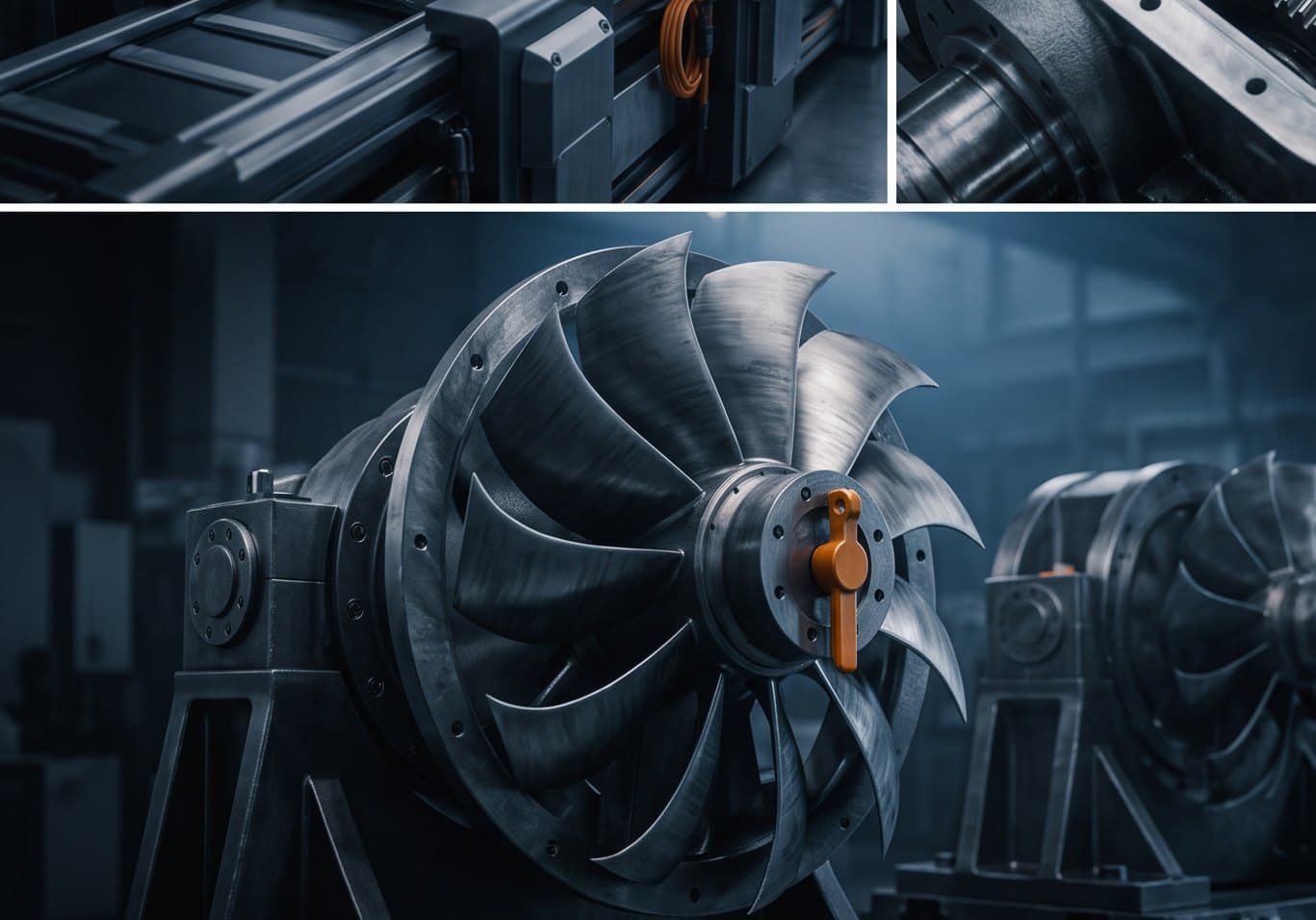 Representative close-up of a die-cast aluminium radial-vane blower impeller