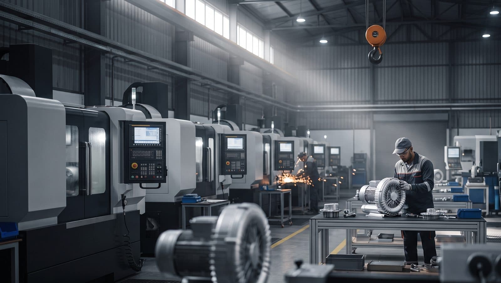 Representative view of precision machining and blower assembly