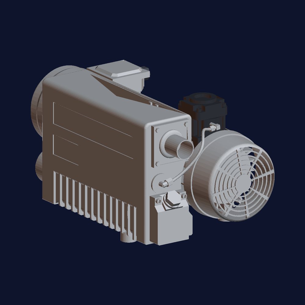 Interactive 3D model of the ACME high vacuum pump — rotate to inspect the cast body, motor and oil reservoir