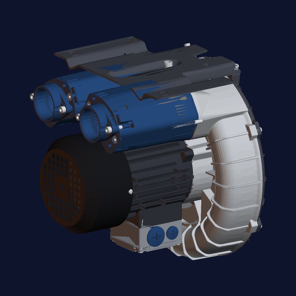 Interactive 3D model of the YEBL-1-145 single stage turbine blower — rotate to inspect the side-channel housing, inlet and outlet ports, motor and mounting feet